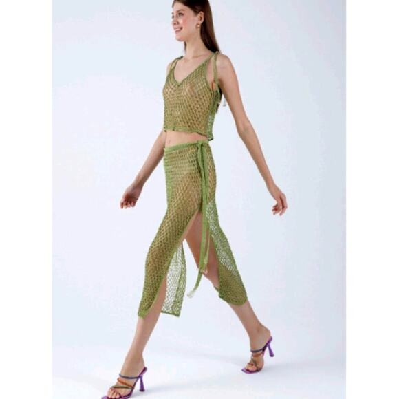 My Beachy Side Hand Crocheted Beaded Net Top Moss Green - Picture 1 of 7